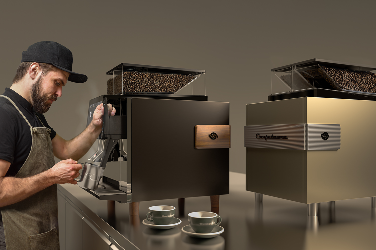Barista schäumt Milch an Kaffeevollautomaten auf