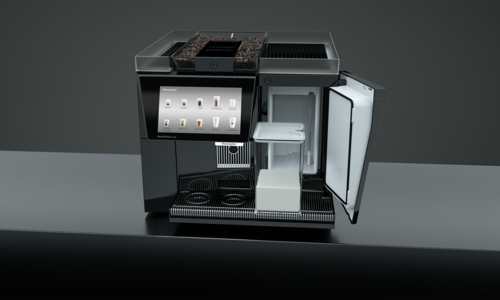 Milk container in refrigerator of black fully automatic coffee machine