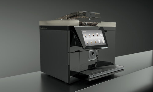 Lockable bean container with coffee from coffee machine on black table